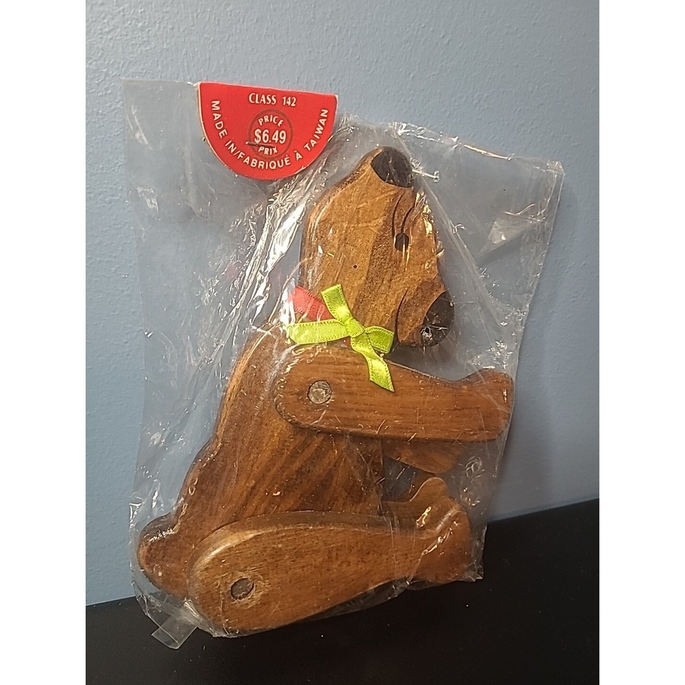 Vtg Teddy Bears Wooden Brown- Moveable Joints 7" With Red And Green Bow